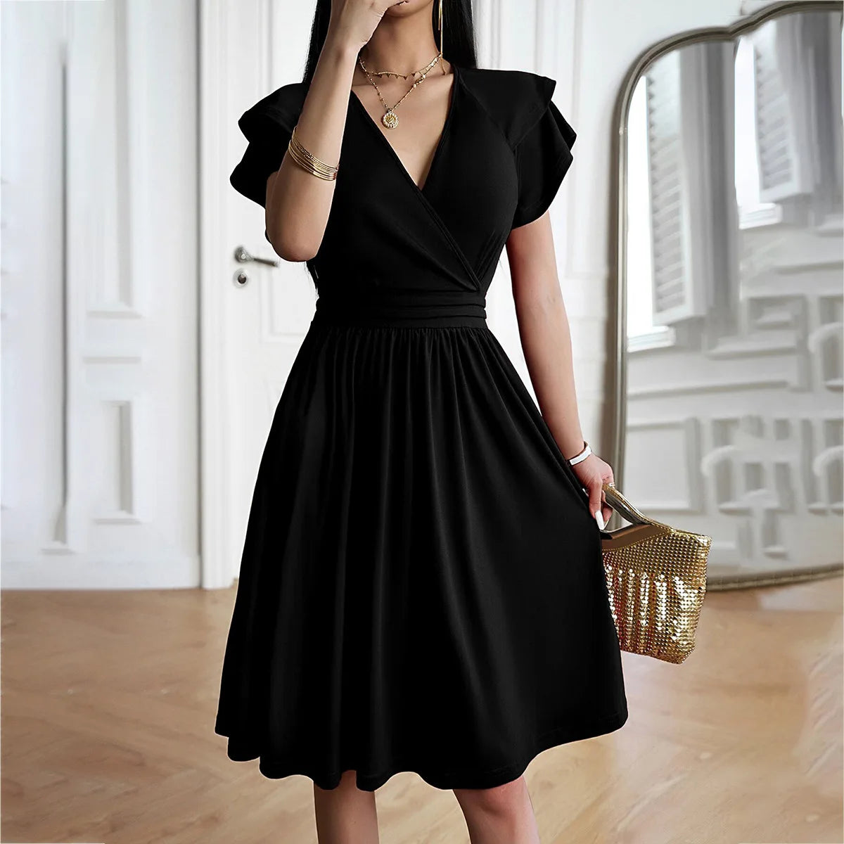 Women's Clothing 2025 Summer Temperament Elegant Fashion V-neck Waist Petal Sleeve Mid-length Skirt Dress for Women