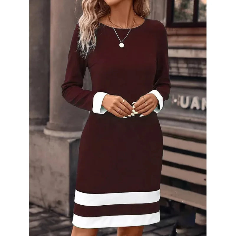 Women's Clothing Autumn Winter New Fashion Tight Fitting Color Blocked Dress Long Sleeved Round Neck Casual Women's Clothing