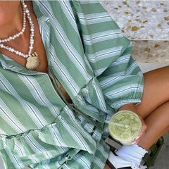 Women's Clothing 2-piece Set Outfit Sleeves Shorts Shirt Shorts Fast Selling Stripes Suits Comfortable Fashion Shirts for Women