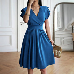 Women's Clothing 2025 Summer Temperament Elegant Fashion V-neck Waist Petal Sleeve Mid-length Skirt Dress for Women