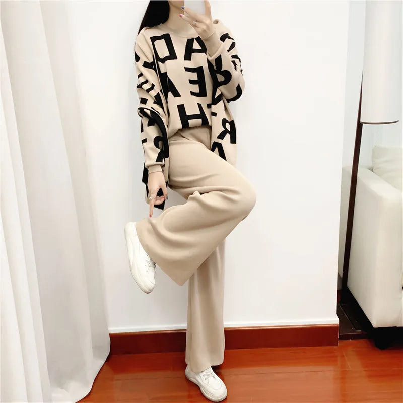 women's Clothing Autumn Winter Women Knited Letter Sweater + Pants + Cape Scarf 3PCS Suits Cappa Wraps Wide Leg Trousers Sets