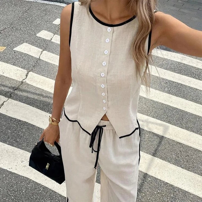 Women's Clothing 2025 Summer New Fashion Color Blocked Round Neck Vest Top Wide Leg Pants Casual Set