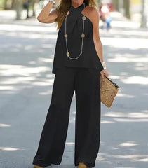 Women's Clothing 2025 New Fashion Casual Halter Neck Solid Color Sleeveless Suit Wide Leg Pants Trousers Two-piece Suit