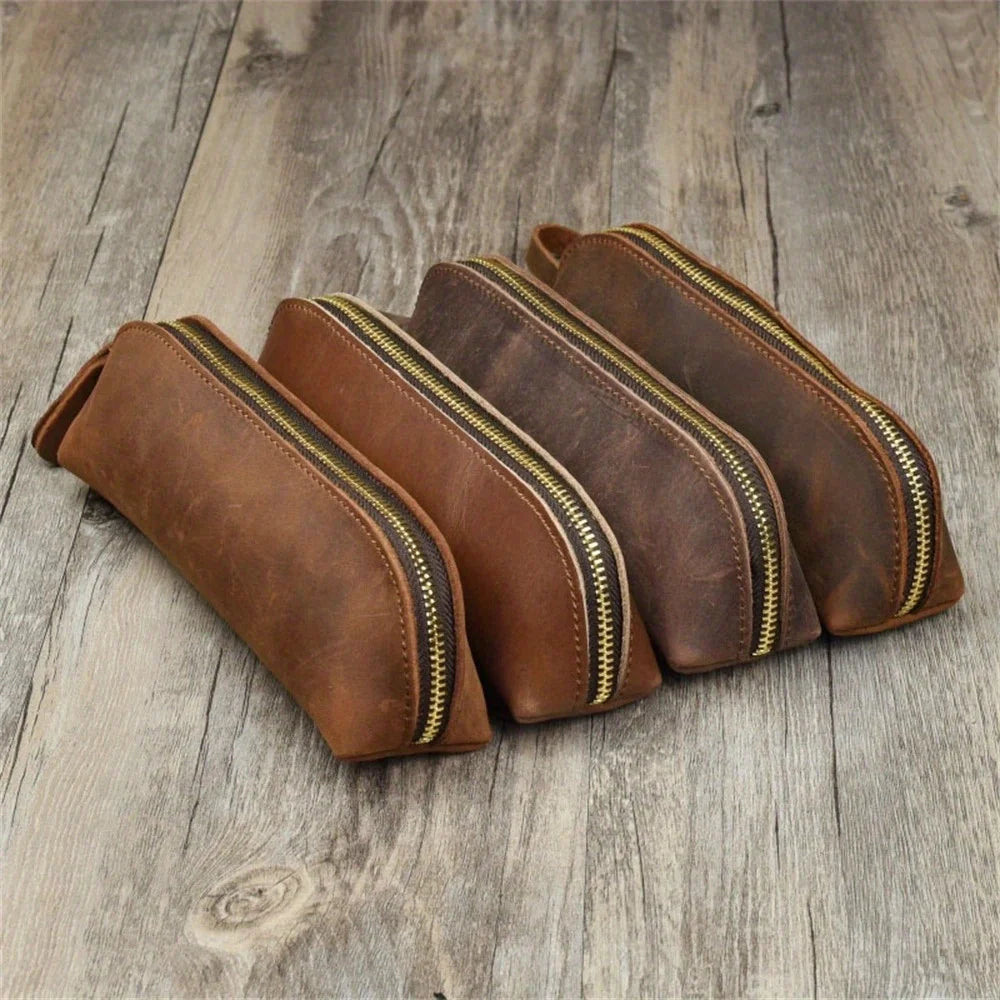 Vintage Leather Pencil Bag Simple Stationery Hoder Pen Case Storage Bag Zipper Pencil Pouch Glasses Box School Supplies