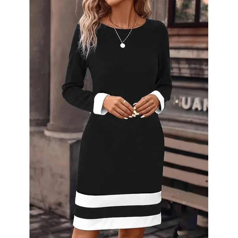 Women's Clothing Autumn Winter New Fashion Tight Fitting Color Blocked Dress Long Sleeved Round Neck Casual Women's Clothing