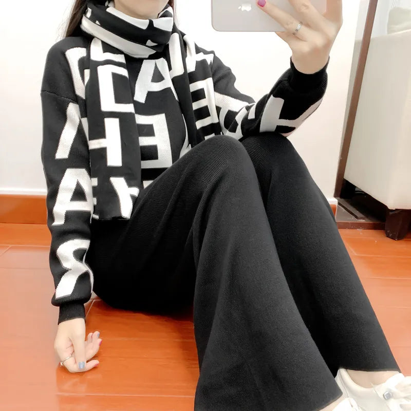 women's Clothing Autumn Winter Women Knited Letter Sweater + Pants + Cape Scarf 3PCS Suits Cappa Wraps Wide Leg Trousers Sets