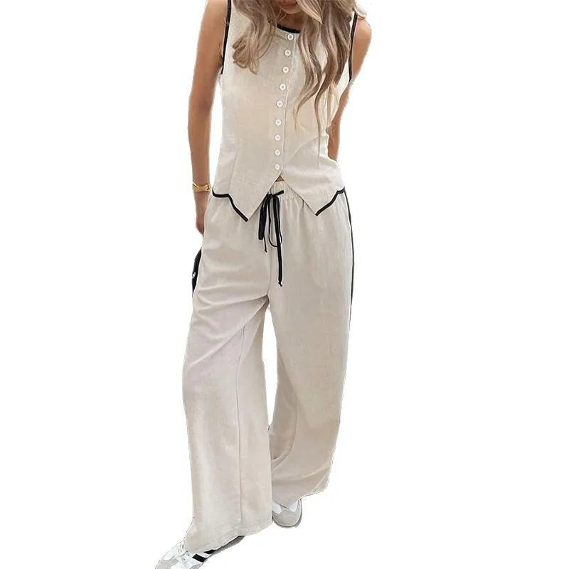 Women's Clothing 2025 Summer New Fashion Color Blocked Round Neck Vest Top Wide Leg Pants Casual Set