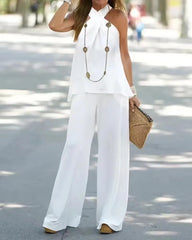 Women's Clothing 2025 New Fashion Casual Halter Neck Solid Color Sleeveless Suit Wide Leg Pants Trousers Two-piece Suit