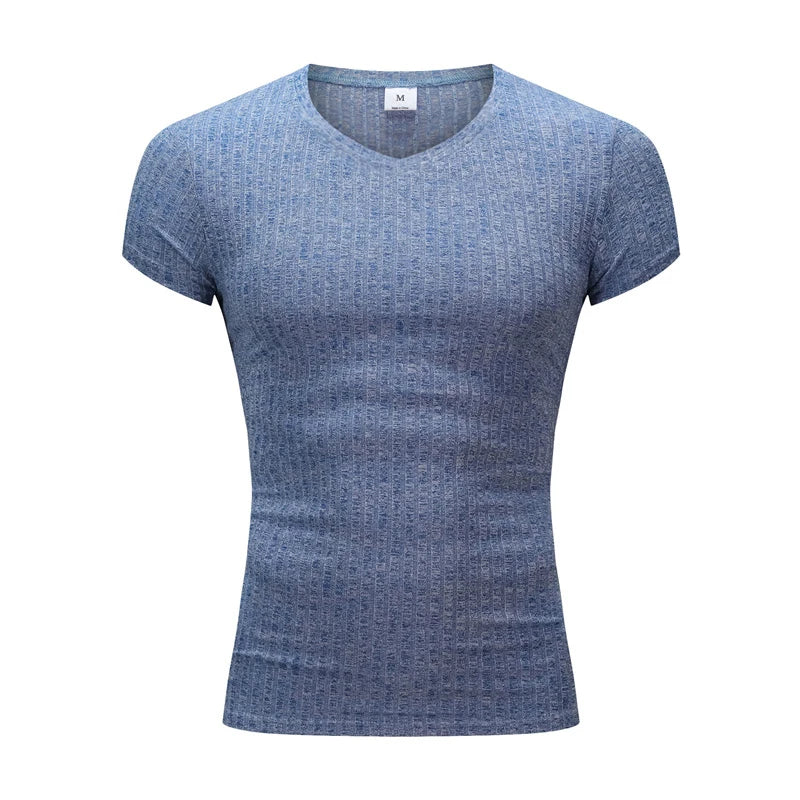 Mens V Neck Short Sleeve T Shirt Fitness Slim Fit Sports T-shirt Solid Fashion Strips Tees Tops Summer Knitted Gym Clothing