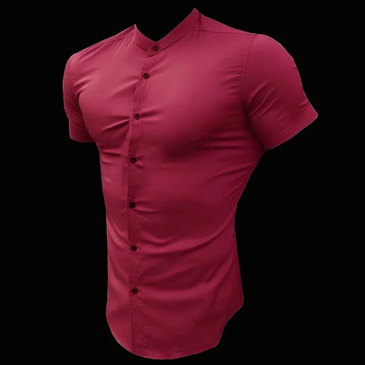 Mens Short Sleeve Shirt Summer Plain Slim Fit Dress Shirts Fitness Men Gym Clothing Fashion Casual Social Stand Business Shirts