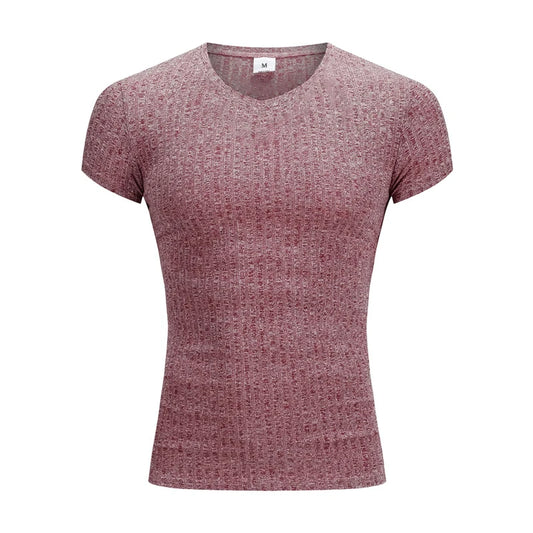 Mens V Neck Short Sleeve T Shirt Fitness Slim Fit Sports T-shirt Solid Fashion Strips Tees Tops Summer Knitted Gym Clothing