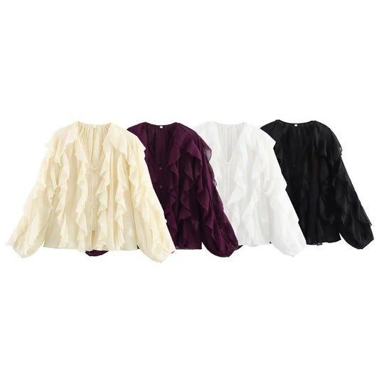 Women's clothing 2025 European new fashion design and ruffled layered decorative V-neck shirt