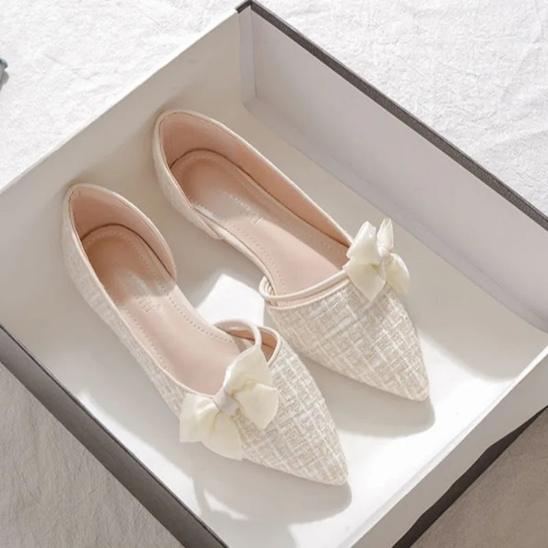 Shoes for Women with Bow Pointed Toe Evening White Woman Flats Elegant and Fashionable on Sale 2025 Trend Popular Vacation Young