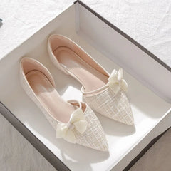 Shoes for Women with Bow Pointed Toe Evening White Woman Flats Elegant and Fashionable on Sale 2025 Trend Popular Vacation Young