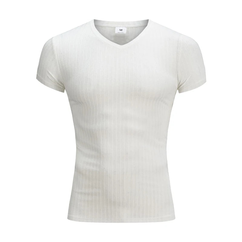 Mens V Neck Short Sleeve T Shirt Fitness Slim Fit Sports T-shirt Solid Fashion Strips Tees Tops Summer Knitted Gym Clothing