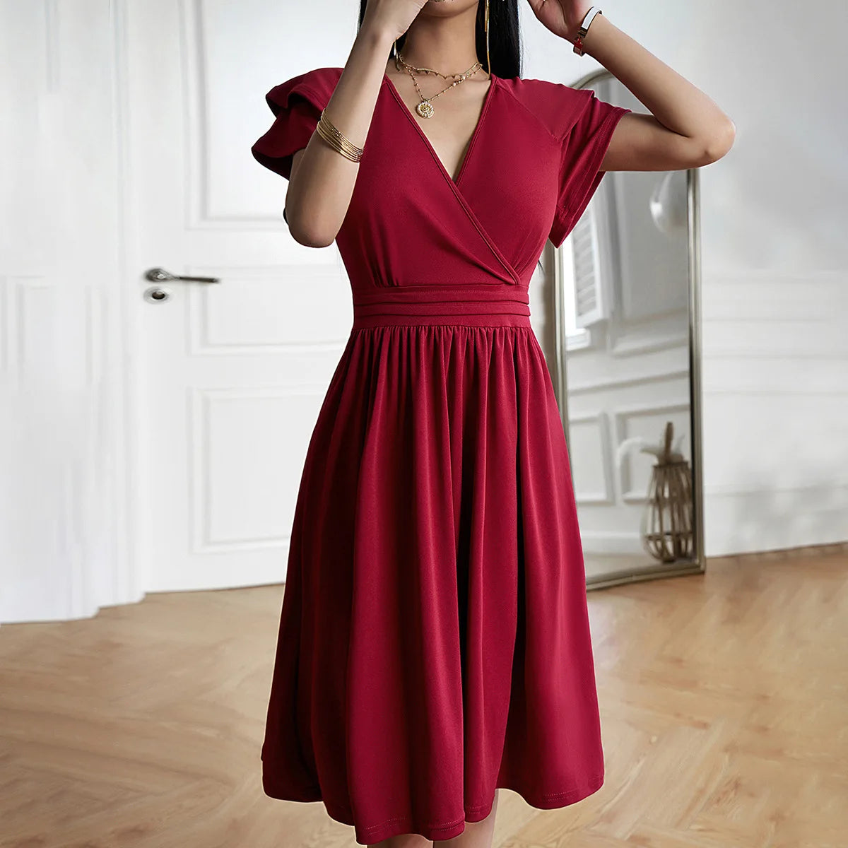 Women's Clothing 2025 Summer Temperament Elegant Fashion V-neck Waist Petal Sleeve Mid-length Skirt Dress for Women