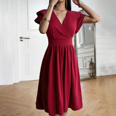 Women's Clothing 2025 Summer Temperament Elegant Fashion V-neck Waist Petal Sleeve Mid-length Skirt Dress for Women