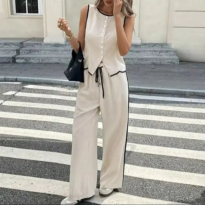 Women's Clothing 2025 Summer New Fashion Color Blocked Round Neck Vest Top Wide Leg Pants Casual Set