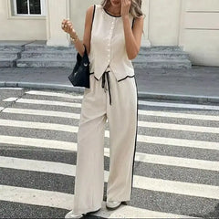 Women's Clothing 2025 Summer New Fashion Color Blocked Round Neck Vest Top Wide Leg Pants Casual Set
