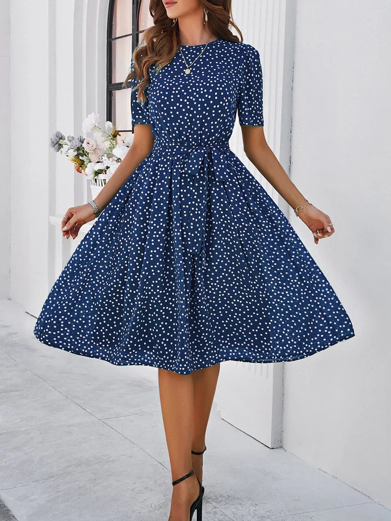 Women's clothing 2025 spring and summer, casual temperament, polka dot lace-up dress, dress